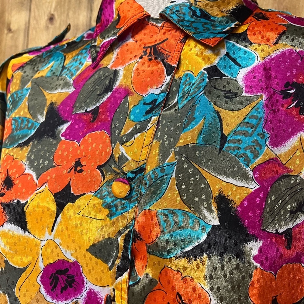 Oscar de la Renta Large/XL Vibrant Floral Vintage Blouse Grannycore Office Wear - Picture 3 of 10